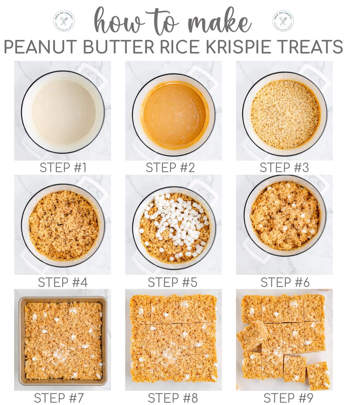 Nine image collage showing how to make peanut butter rice krispie treats.