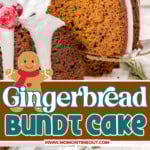 A Pinterest pin with 3 images of gingerbread bundt cake. There is a colored text overlay in the middle.