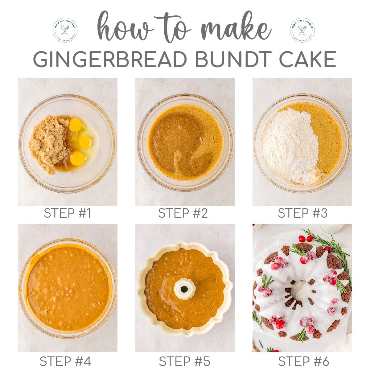 A six image collage that shows the steps for making gingerbread bundt cake.