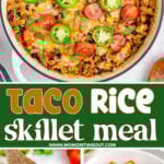 Three image collage of taco rice in a skillet, being scooped out with a wood spoon and in a white bowl. Center color block with text overlay.