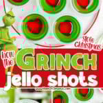 Three image collage showing grinch jello shots ready to be enjoyed. Center color block with text overlay.