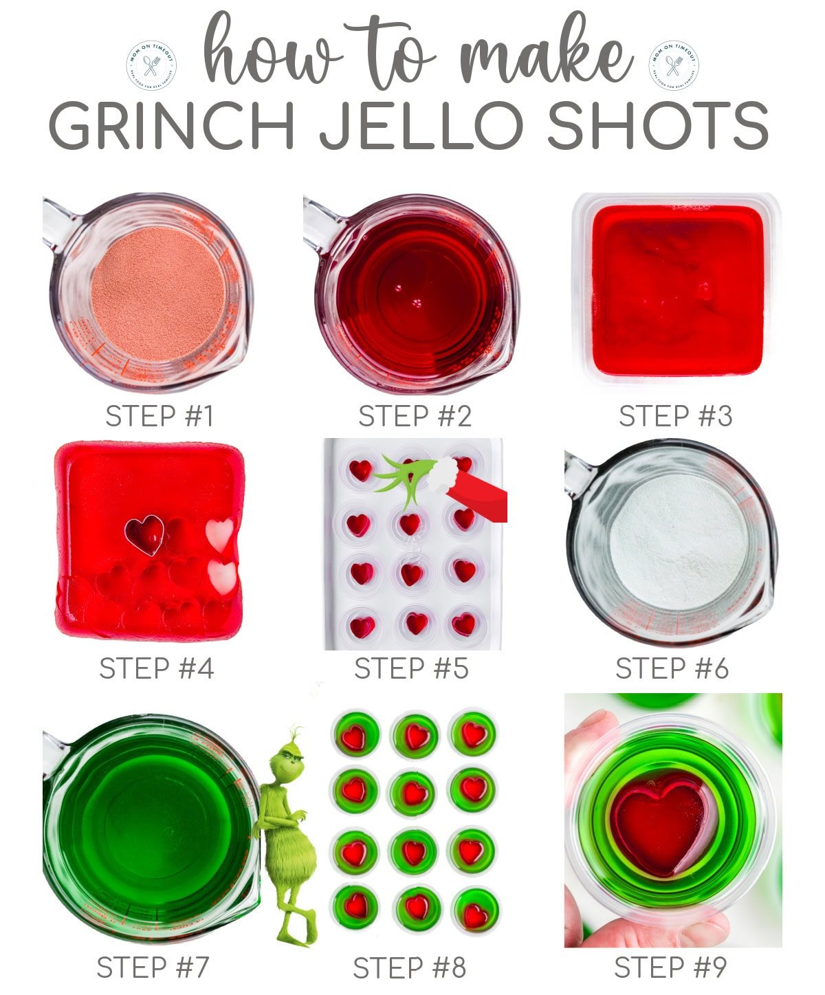 A 9 image collage that shows photos of the steps for making grinch jello shots recipe.