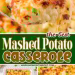 Three image collage showing mashed potato casserole recipe in white baking dish topped with green onions. Center color block with text overlay.