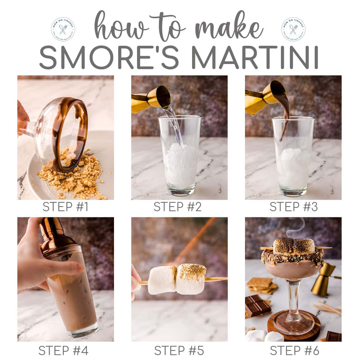 A 6 image collage that shows the steps for making the smores martini recipe.