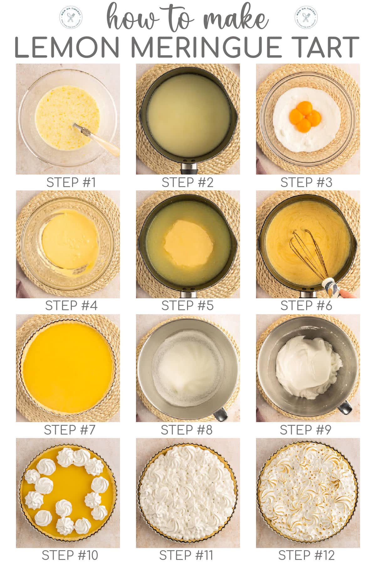 A 12 image collage that shows the steps for making the lemon meringue tart.