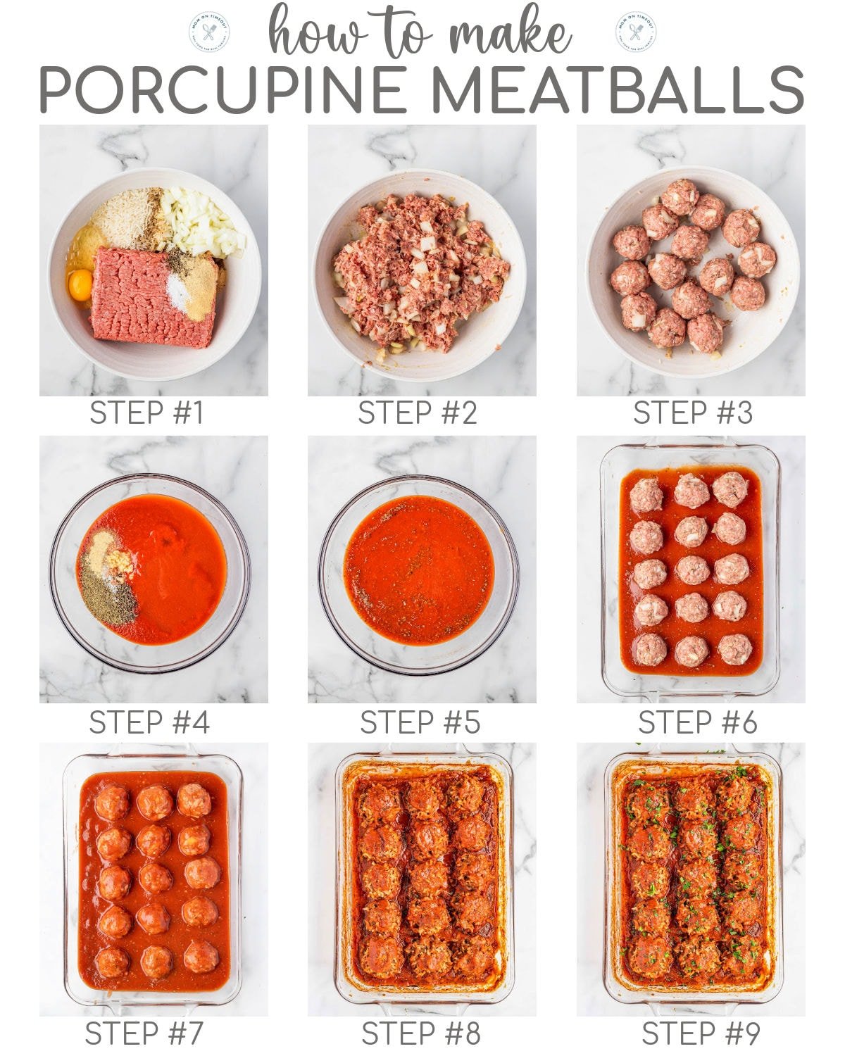 A 9 image collage that shows photos for each of the steps of the porcupine meatballs recipe.