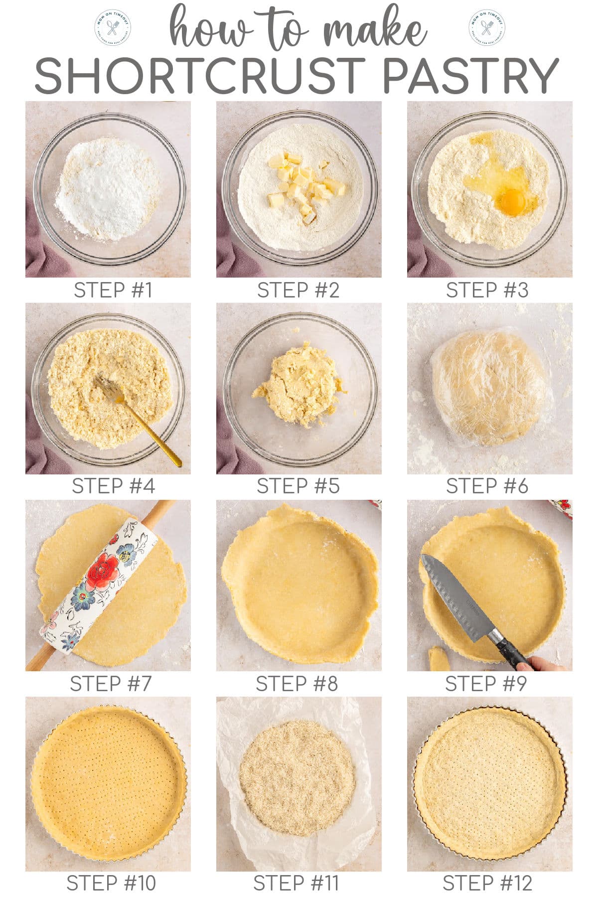 A 12 image collage that shows the steps for making the shortcut pastry.