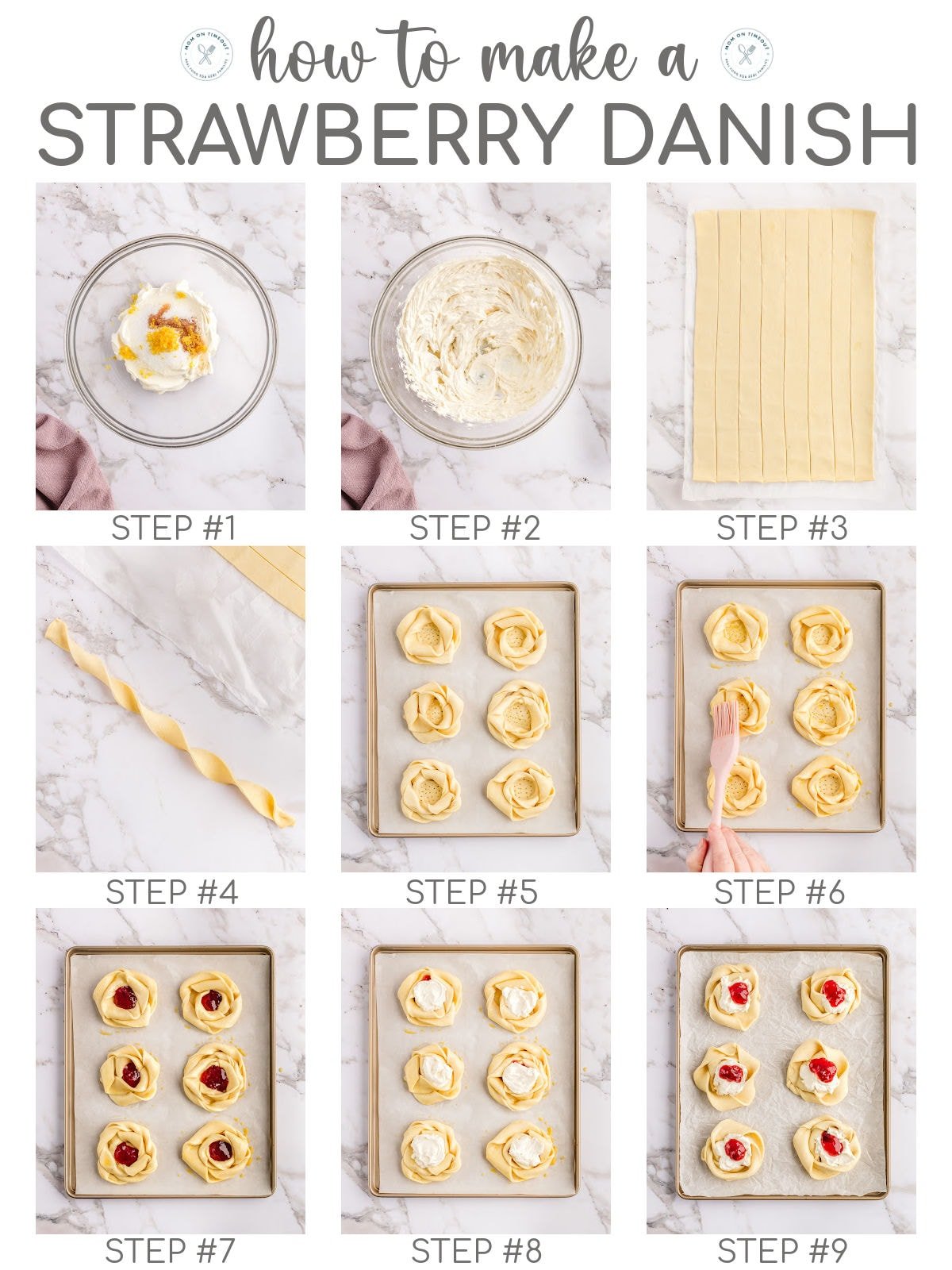 Nine image collage showing how to make a strawberry danish step by step.