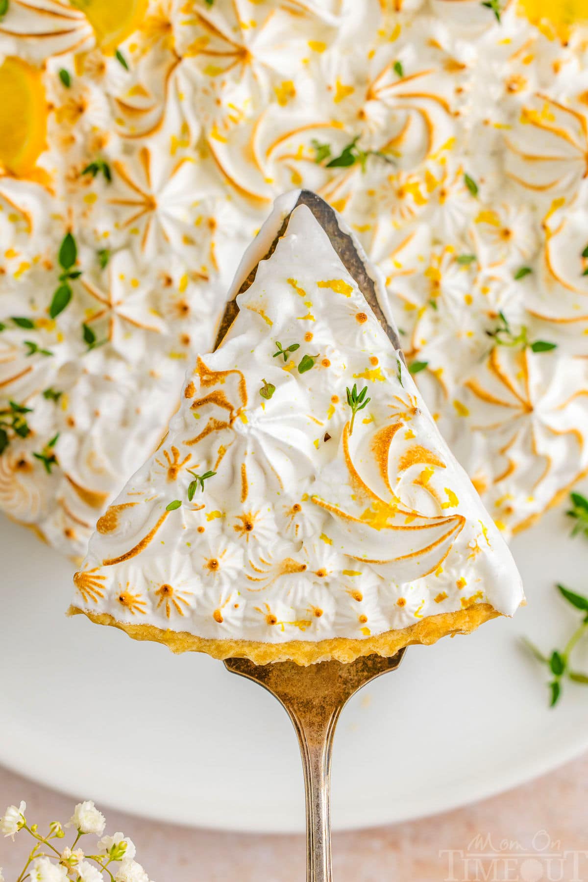 A top down view of lemon meringue tart. A cake server is holding a slice of the tart.