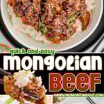 Three image collage of Mongolian Beef recipe plated, in skillet and served with rice. Center color block with text overlay.