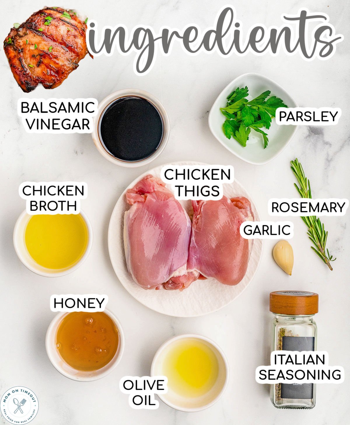 Overhead shot of balsamic chicken marinade ingredients measured out and ready to be used in recipe.
