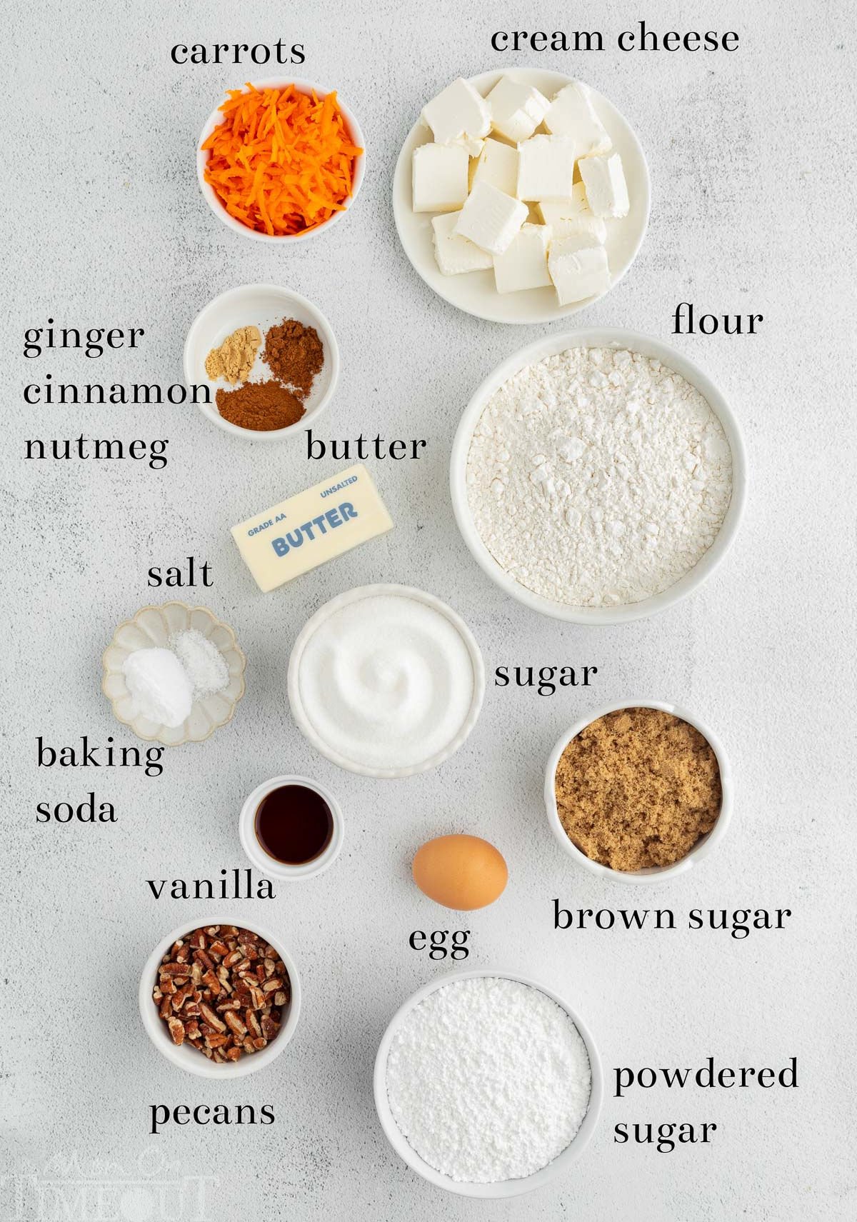 Ingredients laid out on a light colored surface. Each of the ingredients are labeled.