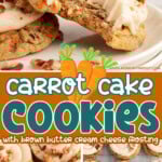 Pinterest pin with three different photos of carrot cake cookies. A colored text overlay is in the middle.