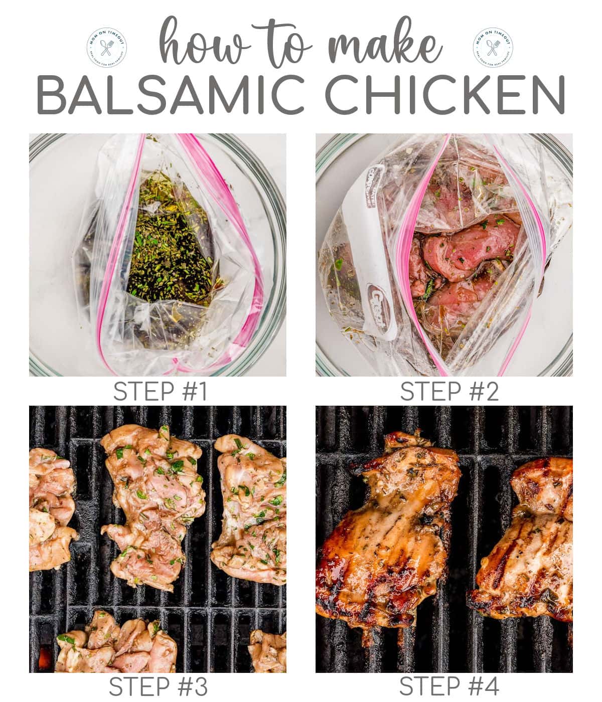 Four image collage showing how to make balsamic chicken with a balsamic chicken marinade.