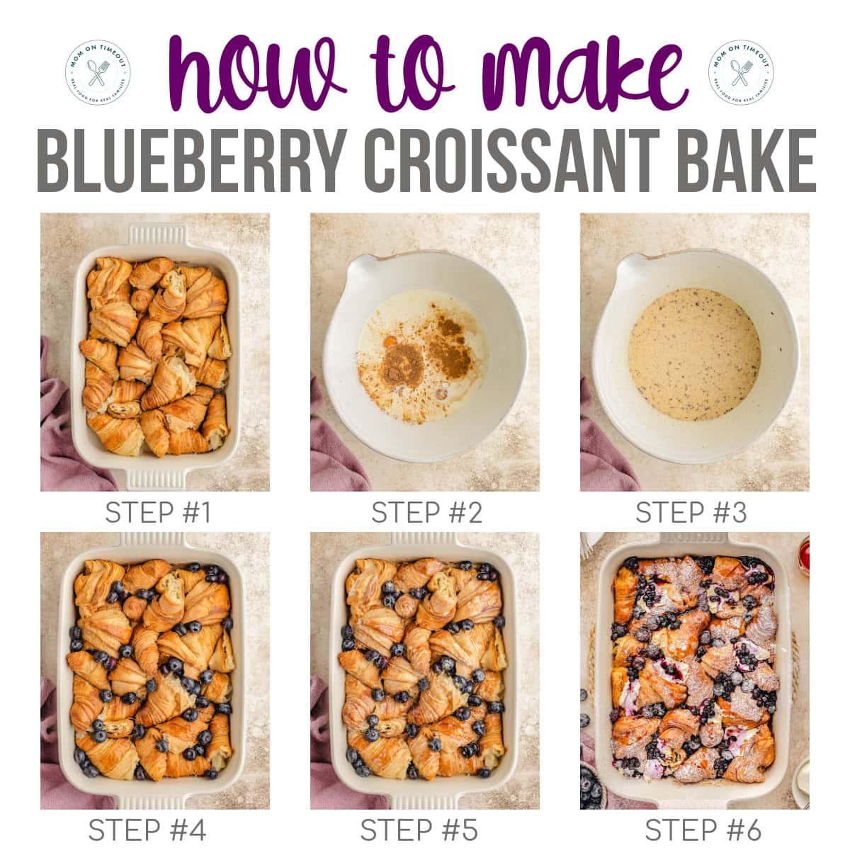 Six image collage showing how to make blueberry croissant french toast bake recipe. Title at top of image.