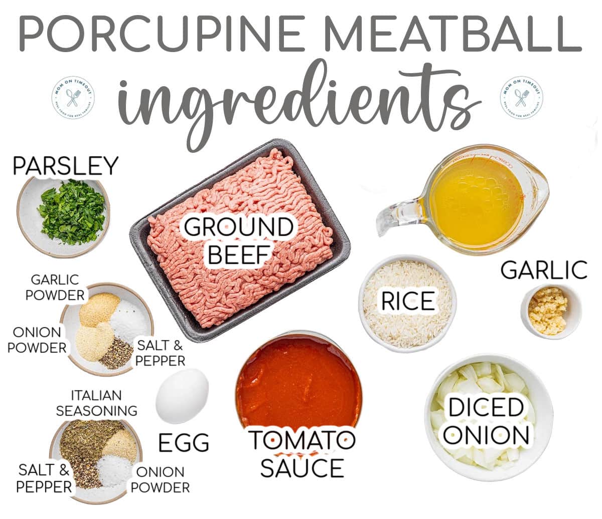 Image with all of the ingredients for porcupine meatballs measured out into small bowls and ready to be used in the recipe.
