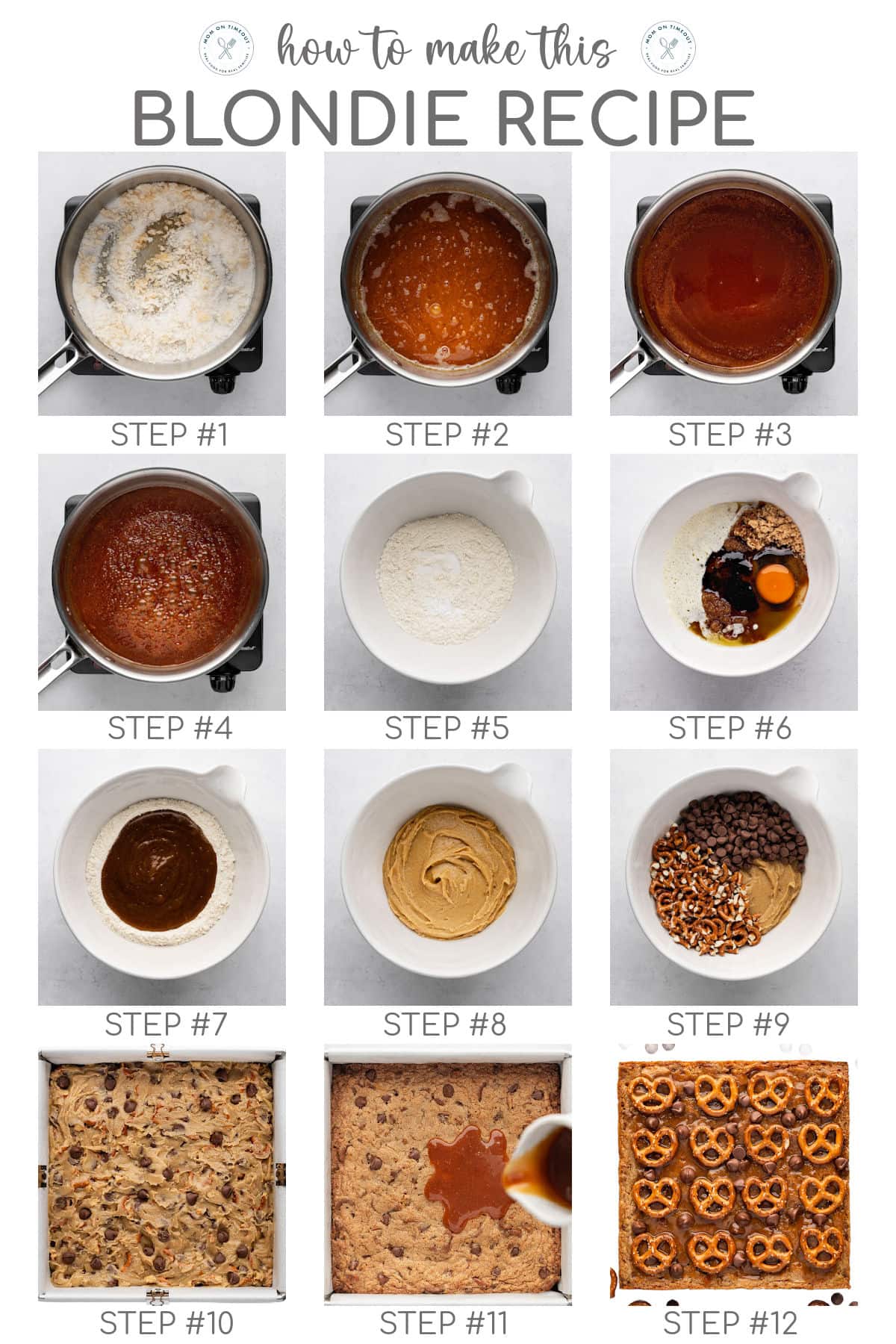 A 12 image collage that shows a different photo for each step of the blondie recipe.