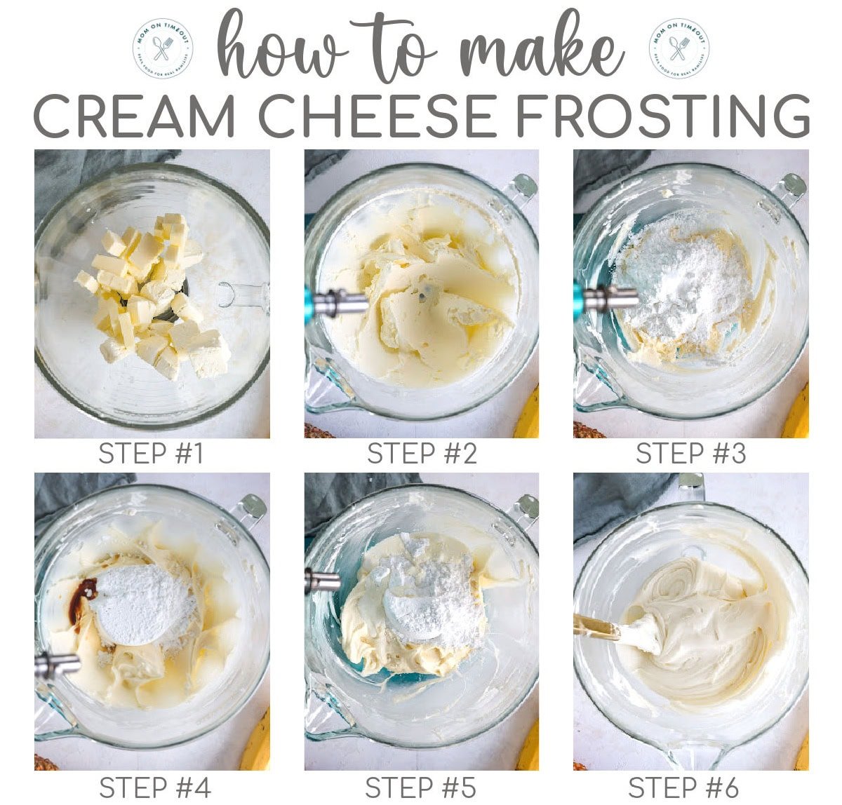 Six image collage showing how to make cream cheese frosting for Hummingbird Cake.
