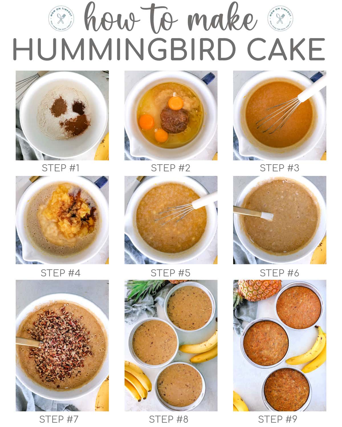 Nine image collage showing how to make hummingbird cake. Title at top of image.