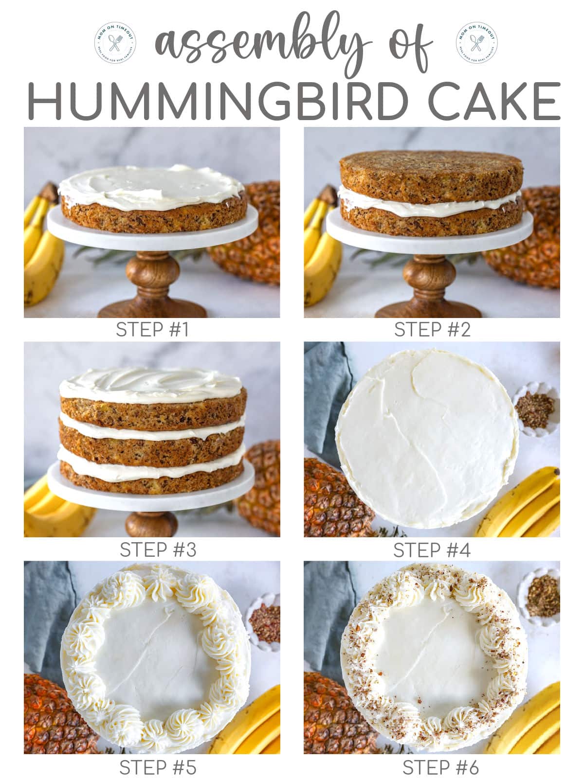 Six image collage showing how to assemble and decorate this hummingbird cake recipe.