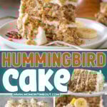 Three image collage of Hummingbird Cake recipe plated, whole on a cake stand and with a bite taken. Center color block with text overlay.