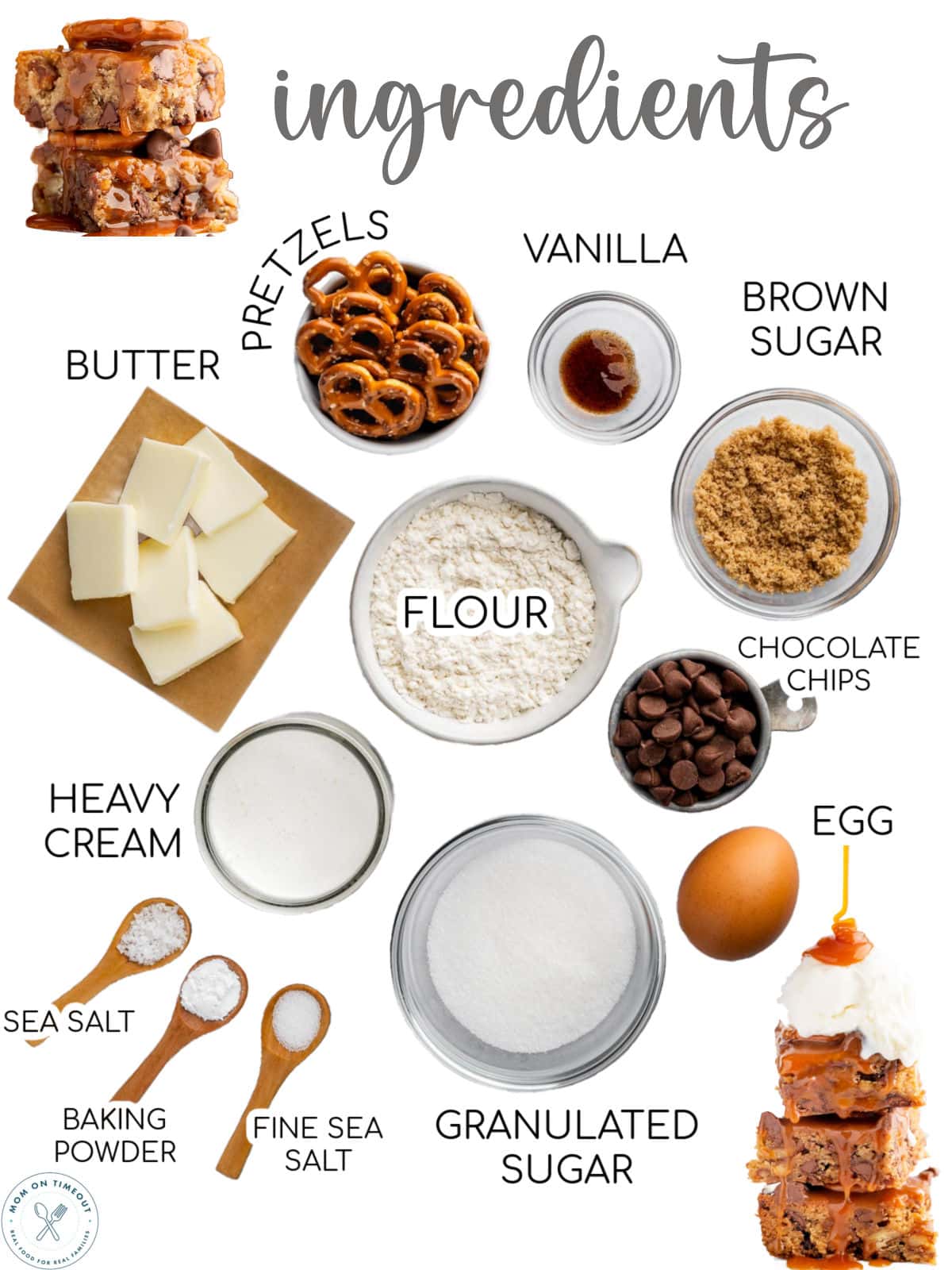 Top down view of salted caramel blondies ingredients measured out into small bowls and ready to be used. Text overlay.
