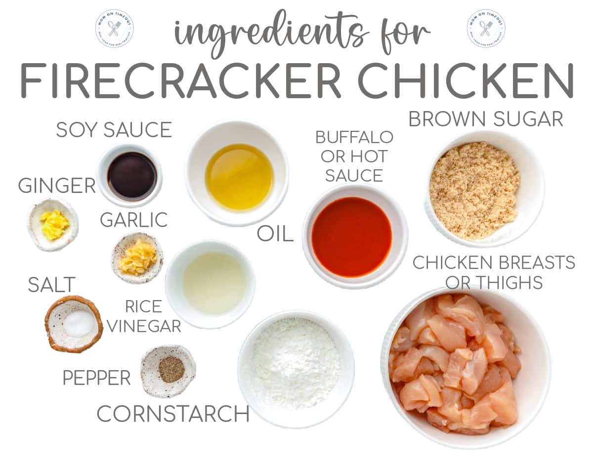 Top down view of Firecracker Chicken ingredients measured out into bowls. Text overlay at top of image.