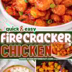 Three image collage of Firecracker Chicken recipe in skillet, plated and in bowl with rice. Center color block with text overlay.