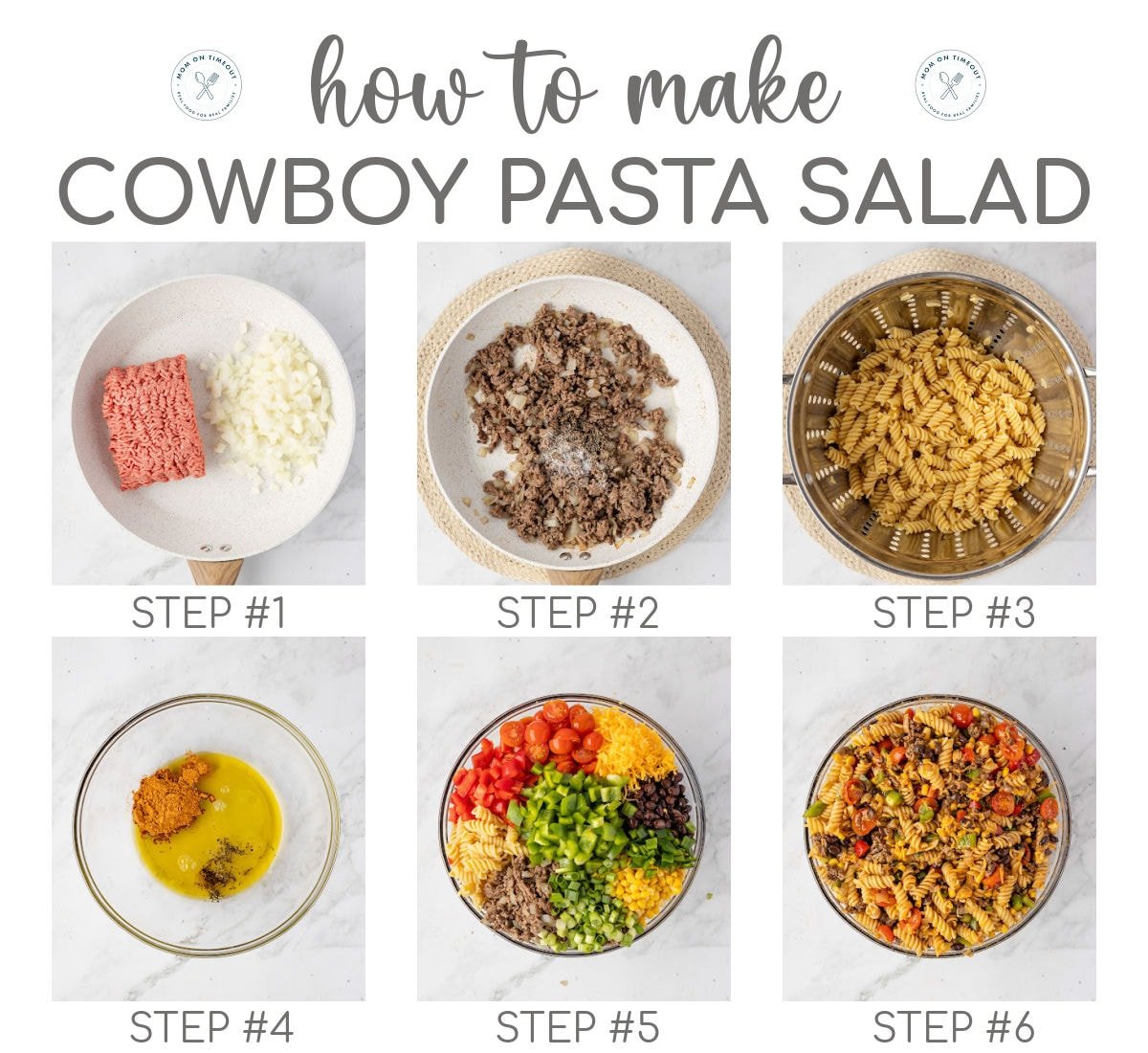 Six image collage showing how to make cowboy pasta salad recipe step by step.
