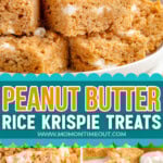 Three image collage of peanut butter rice krispie treats cut into squares, stacked and ready to eat. Center color block with text overlay.