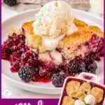 Two image berry cobbler recipe pin with text overlay at top and bottom. Mixed berry cobbler show on plate and in baking dish.