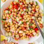 Two image graphic for Chickpea Salad recipe with text overlay at top of image.