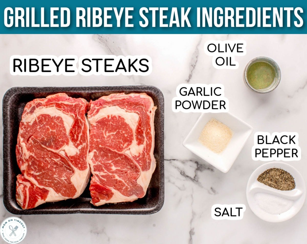 grilled ribeye steak ingredients laid out and ready to be used in recipe.