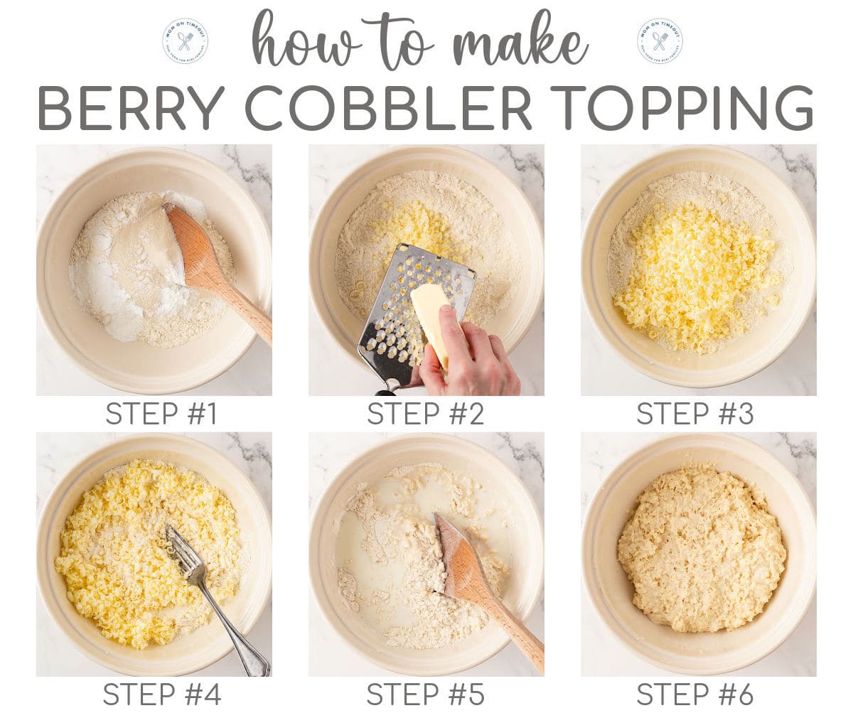 Six image collage showing how to make topping for berry cobbler.