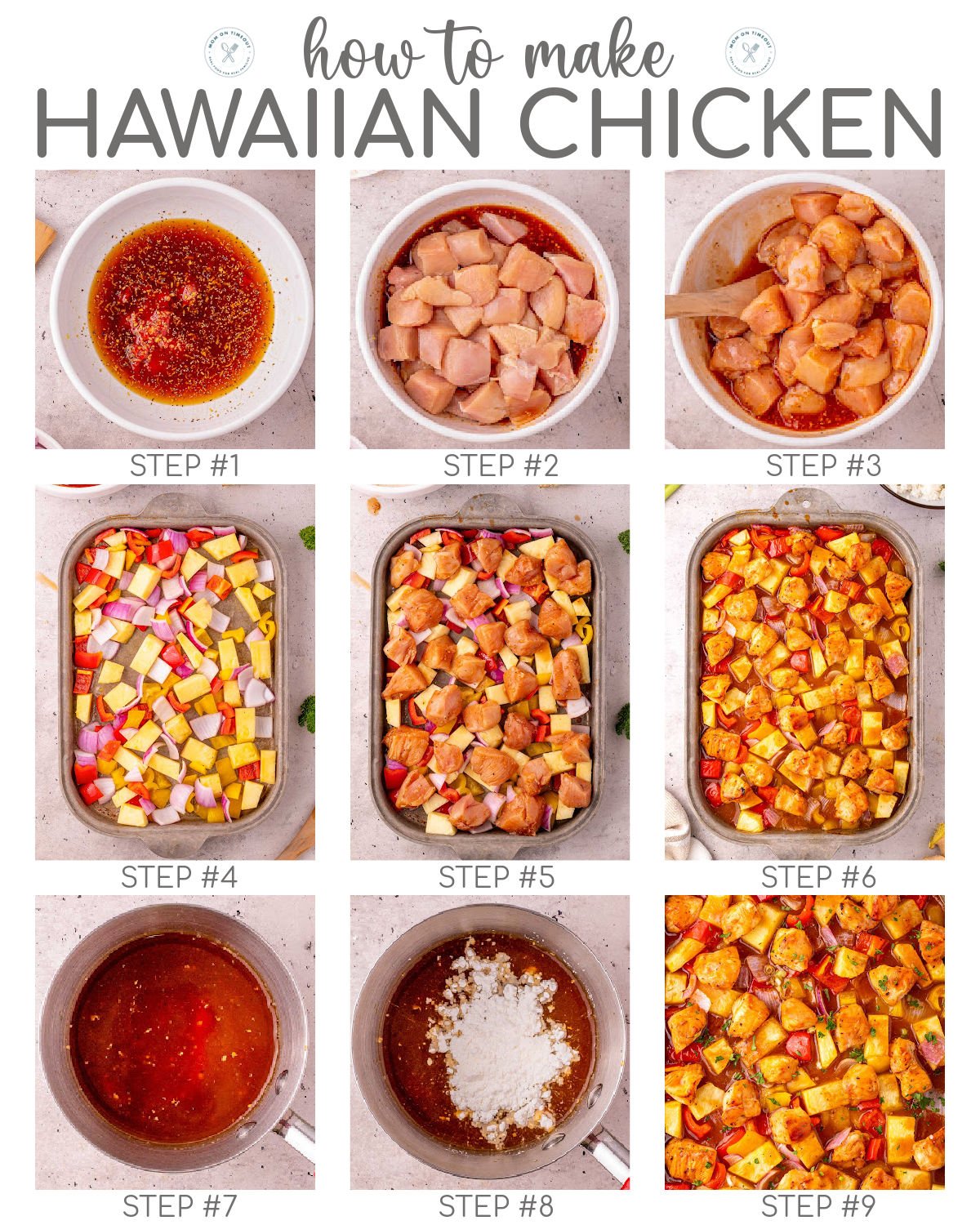 Nine image collage showing how to make Hawaiian Chicken recipe step by step. Text overlay at the top of the image.