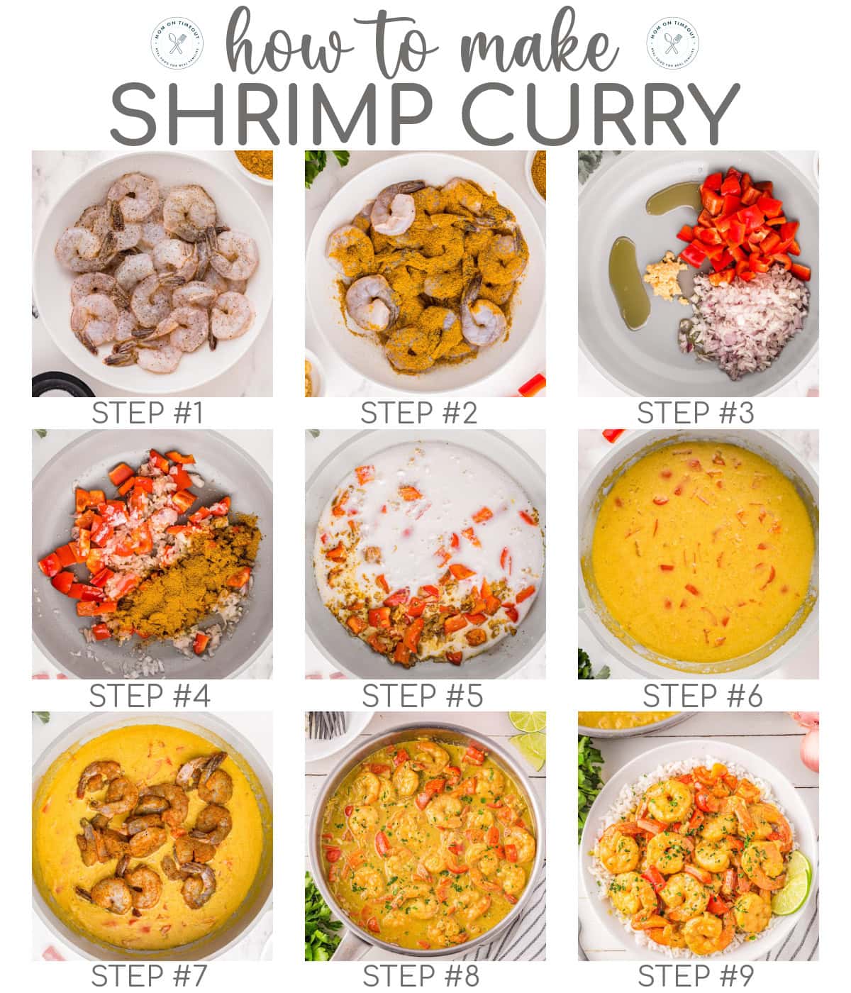A 9 image collage that shows a different photo for each the steps for making the shrimp curry recipe.
