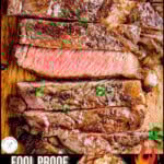 Two image graphic showing grilled ribeye steak cut into strips and whole. Text overlay at top and bottom of image.