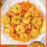 Graphic of shrimp curry shown plated with white rice in a shallow white bowl and a shot of the coconut shrimp curry still in the skillet. Text overlays at top and bottom of image.