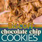 Three image collage of chocolate chip biscoff cookies shown stacked, on a tray and in a hand. Center color block with text overlay.