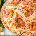Two image graphic showing cajun shrimp pasta recipe in shallow bowl and also still in skillet garnished with Parmesan and parsley. Text overlay at top and bottom of image.