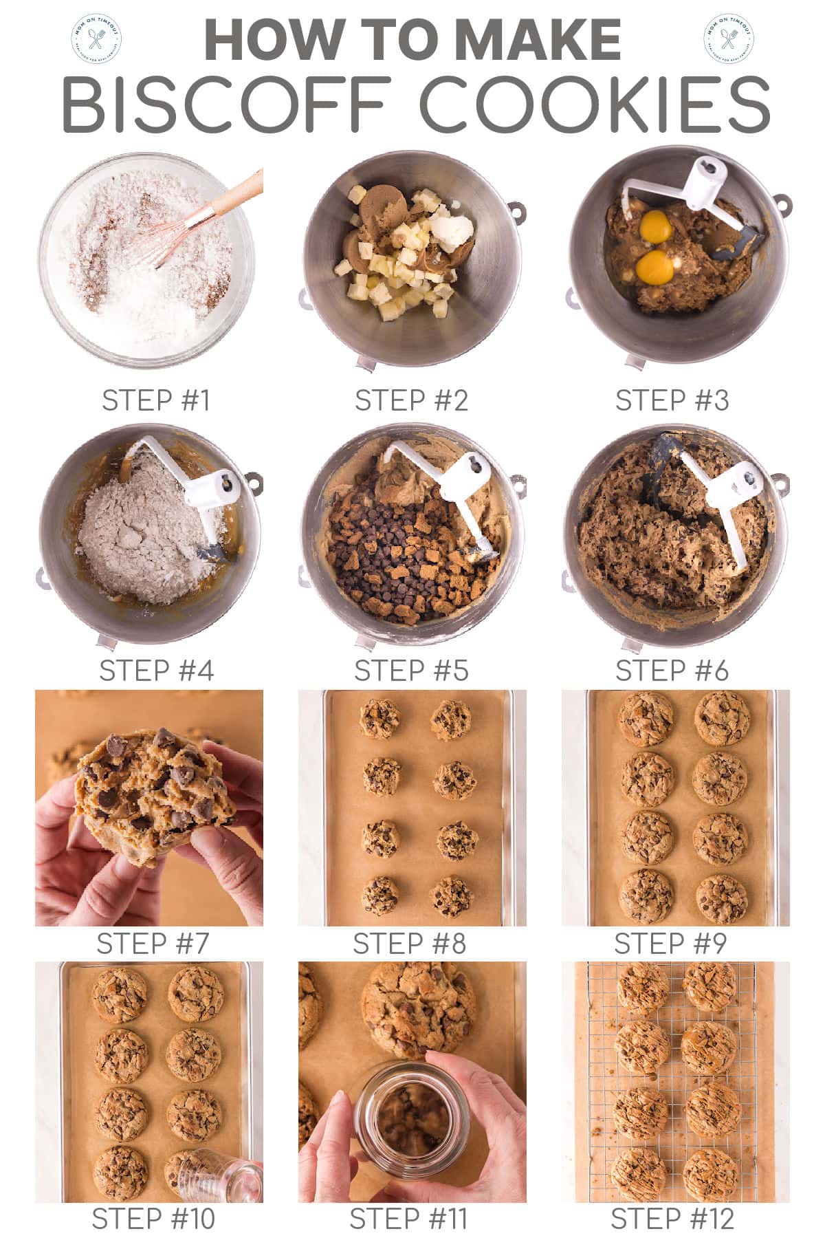 Twelve image collage showing how to make biscoff chocolate chip cookies. Text overlay at top of image.