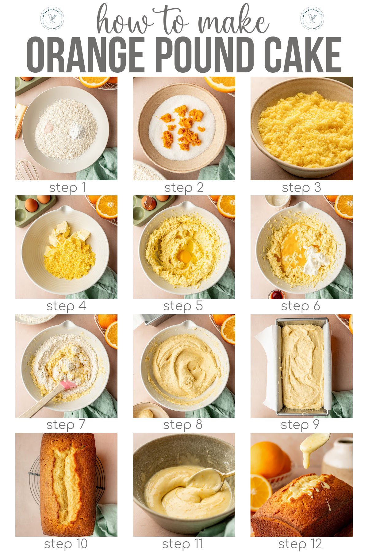 Twelve image graphic showing how to make orange pound cake step by step. Text overlay at top of image.