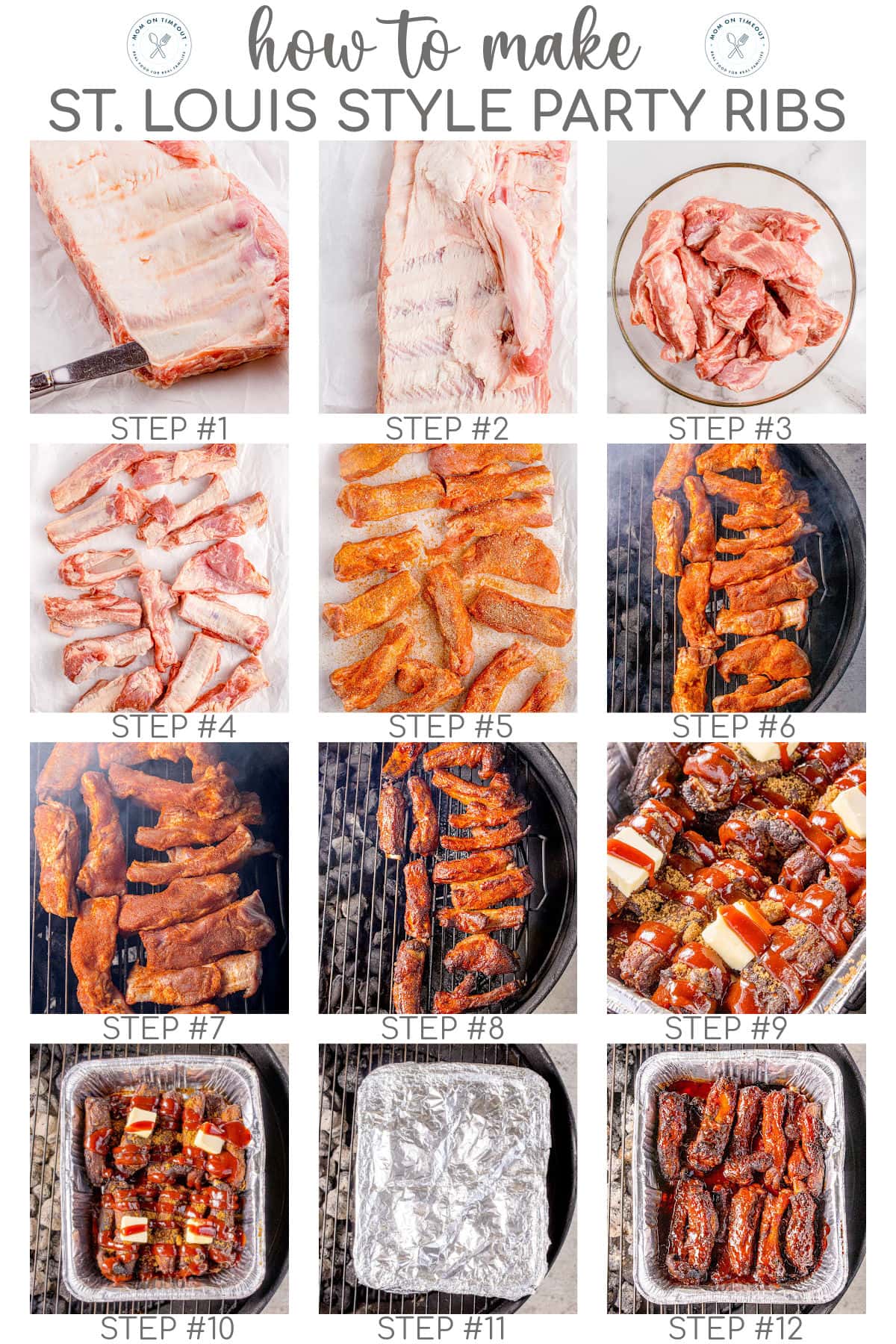 Twelve image collage showing how to make party ribs recipe. Text overlay at top of the image.