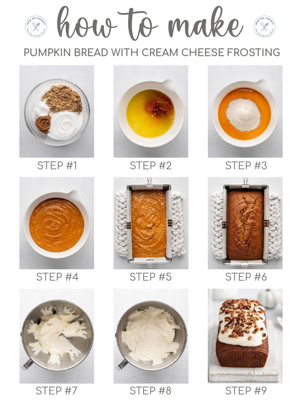 Nine image collage showing how to make pumpkin bread with cream cheese frosting