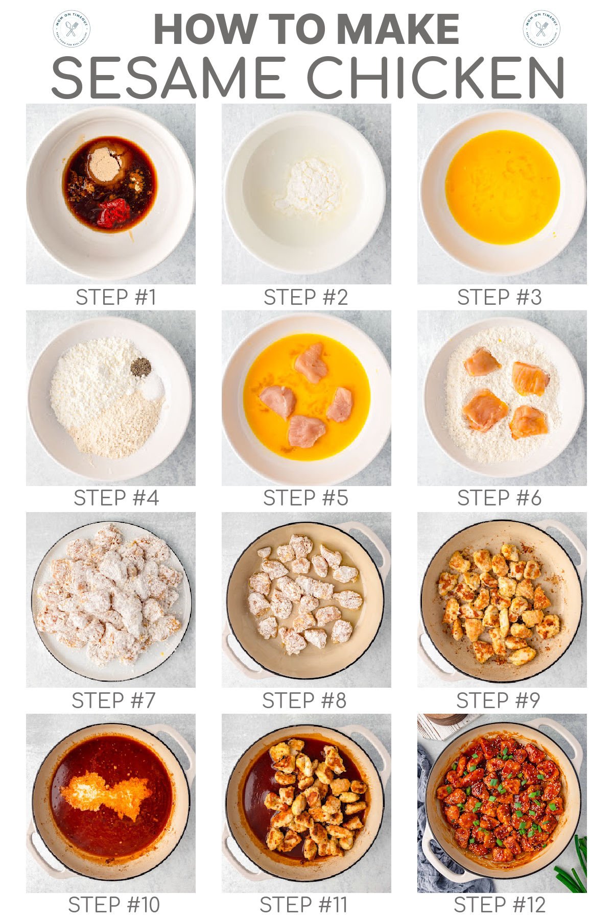 Twelve image graphic showing how to make sesame chicken step by step. Text overlay at top of image.