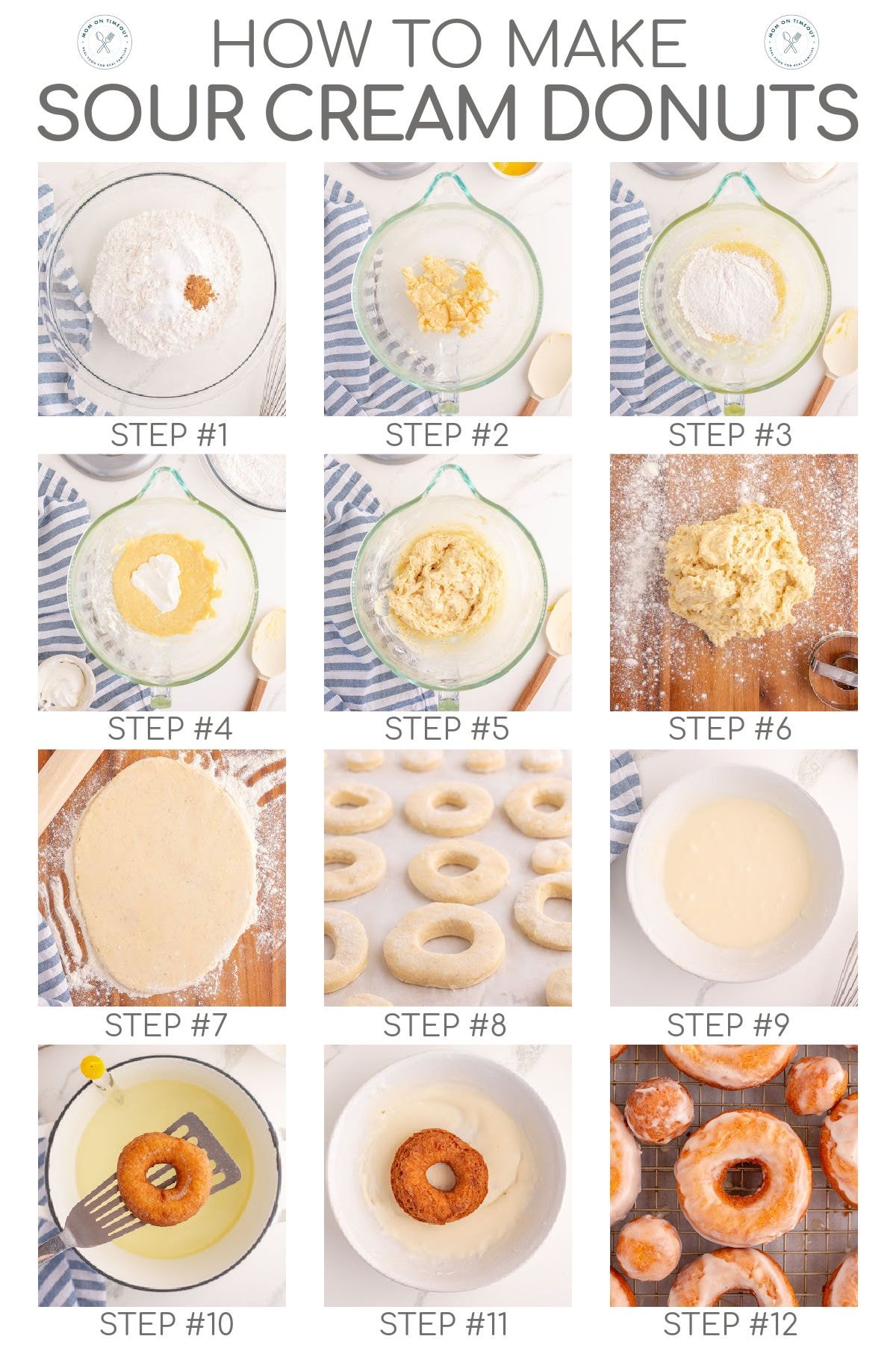 Twelve image graphic showing how to make sour cream donuts step by step. Text overlay at top of image. 