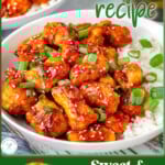 Two image graphic of sesame chicken recipe shown plated with white rice and also shown being picked up with chopsticks. Text overlay at top and bottom of image.