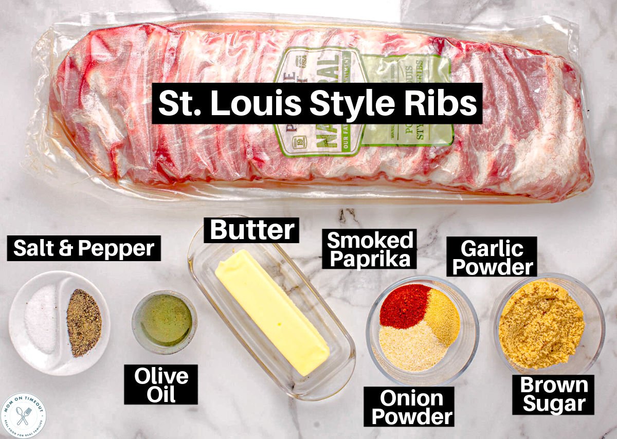Overhead shot of ingredients for St Louis Ribs Party Ribs recipe. Text labels for each ingredient.
