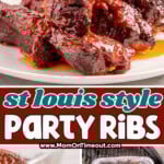 Three image collage of St Louis Style Party Ribs in pan, on grill and plated. Center color block with text overlay.