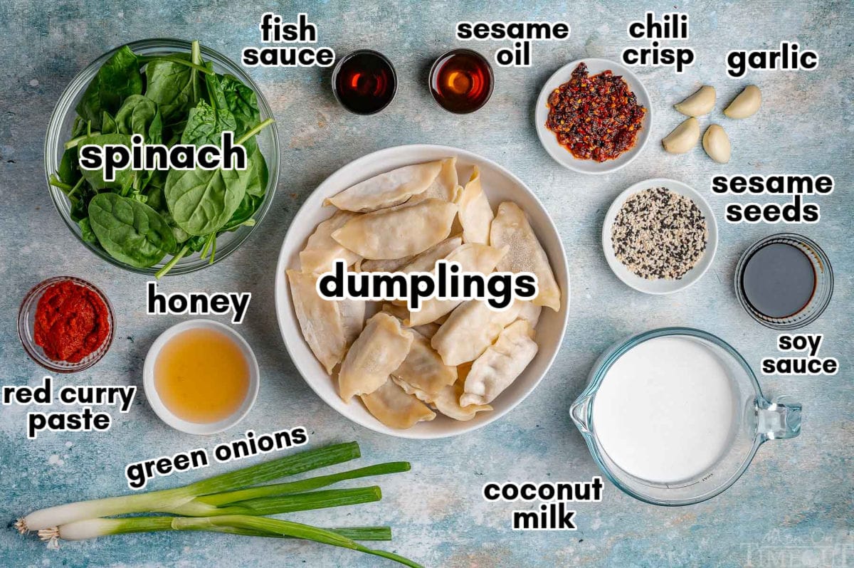 Overhead shot of bake dumplings ingredients measured out into small bowls and ready to be used in the recipe.